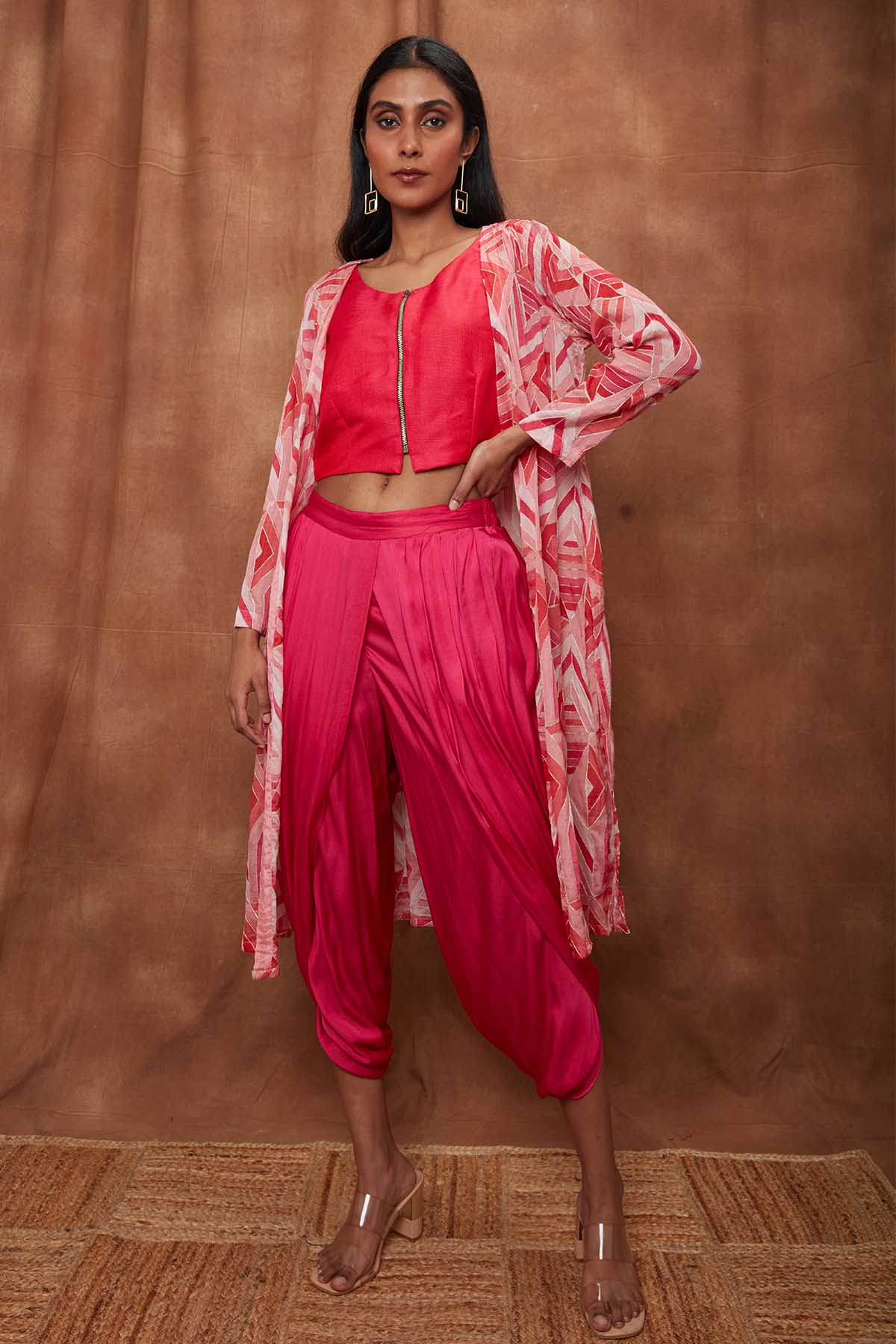 Buy Rani Pink Placement Cape & Dhoti Set for Women Online